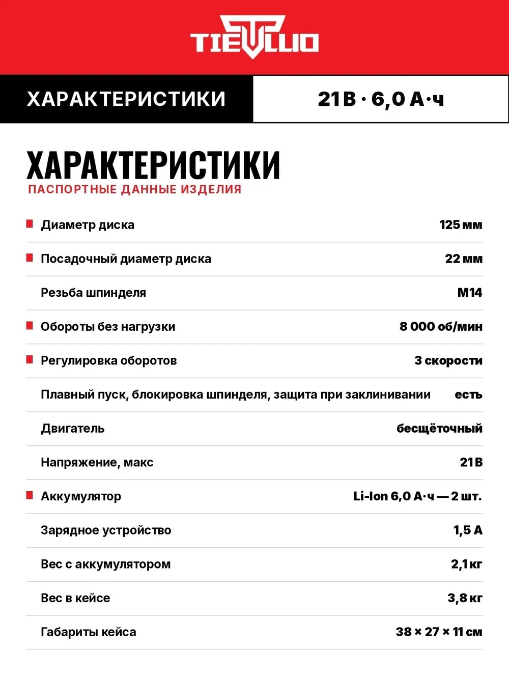 таблица характеристик УШМ tiellio 100TD