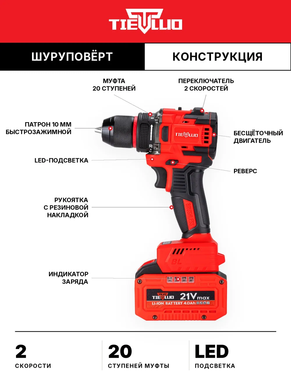 конструкция шуруповерт tiellio X21TD