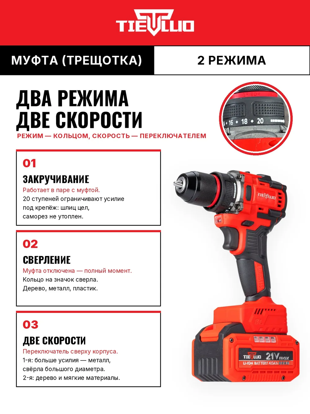 муфта режимы шуруповерт tiellio X21TD